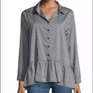 THE GREAT. The Drop - Ruffle Polka Dot Oxford Blouse in Silver-Grey